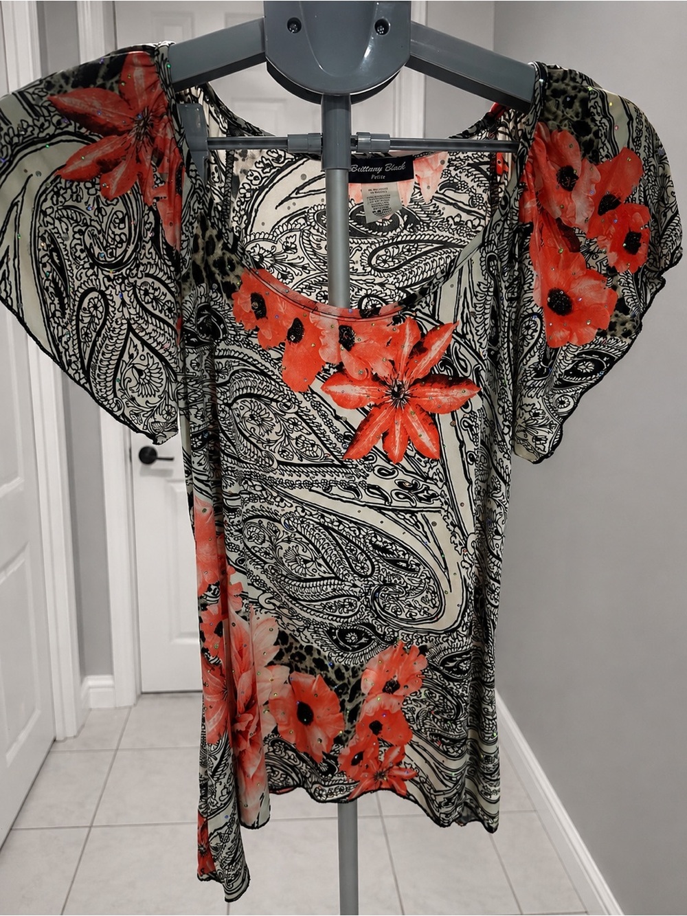 Brittany Black Cream and Black Paisley Top with Coral Accents and Rhinestones